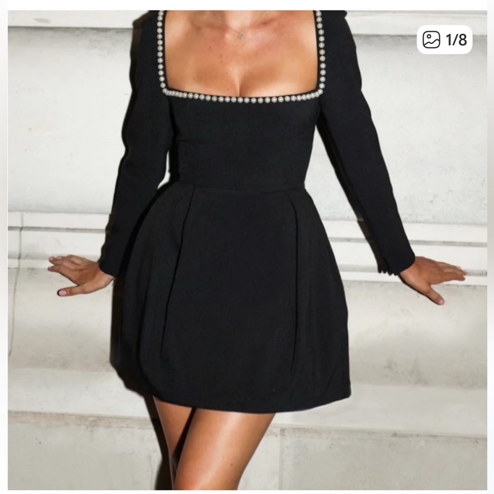 New without Tags Elegant Black Mini Dress with Pearl Detail Neckline NWOT